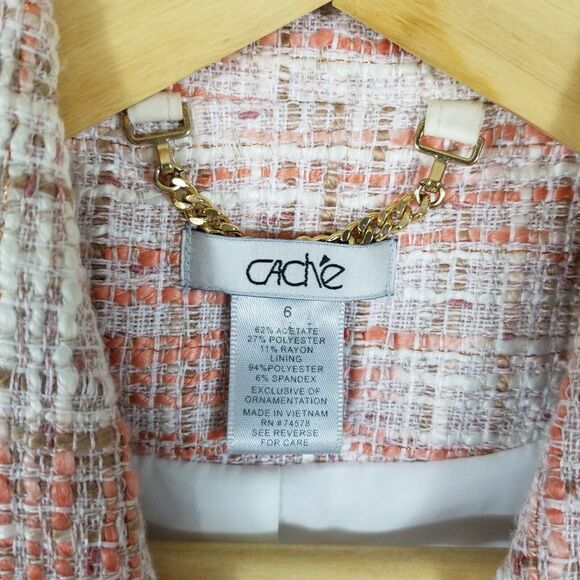 Cache Women's Tweed Blazer Jacket Beige/Pink/Orange 3/4 Sleeve Sz 6 EUC - Picture 2 of 8